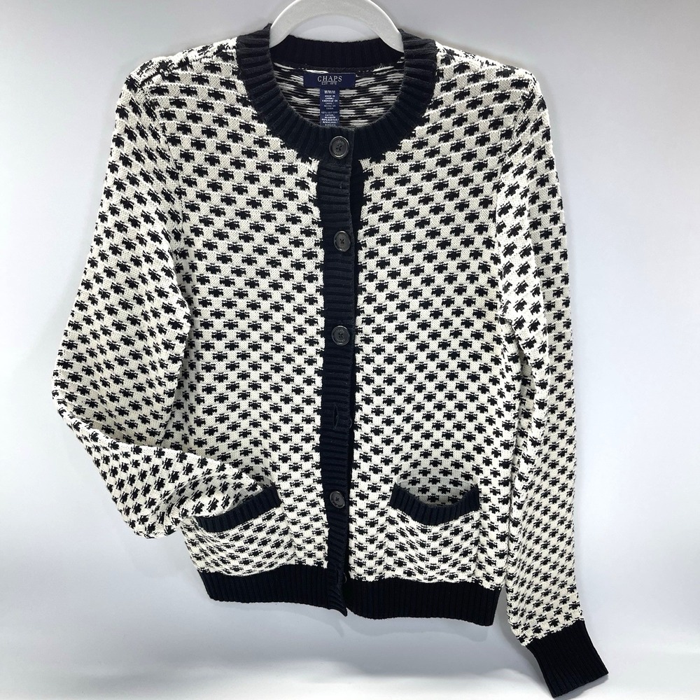 Chaps Women's Black/ White Chevron Print Button Casual Sweater Cardigan Sz M